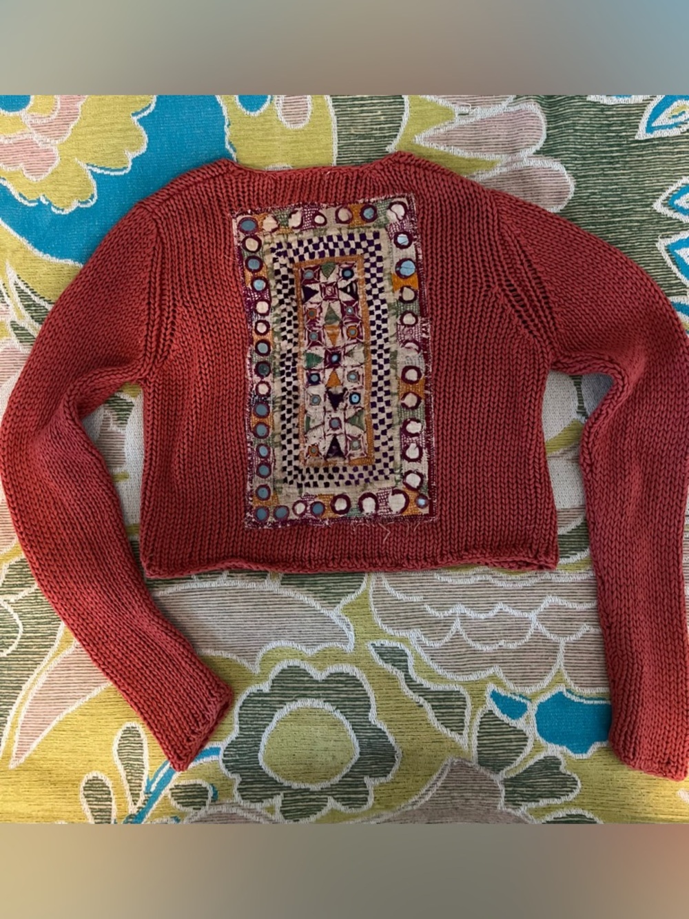 Hand-Knit Rust Red Embroidered Back Women’s Sweater